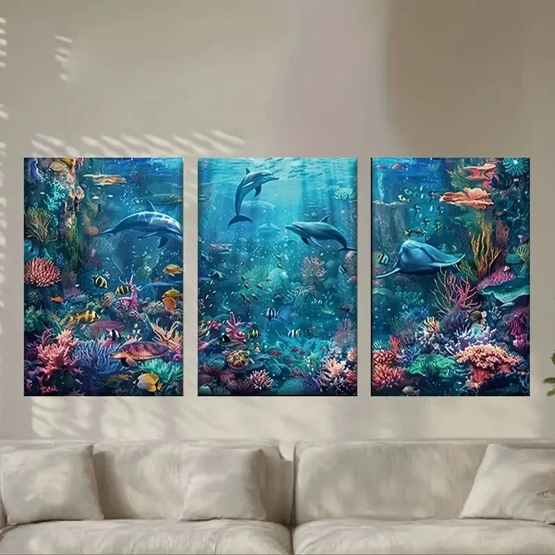 3pcs Coral Reef & Blue Ocean Theme Paintings Metal Print Ready to Hang Art - Bella Home Decor