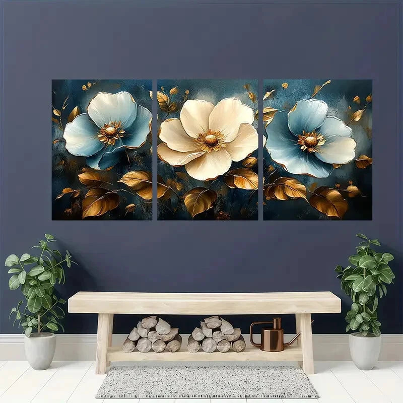 3pcs Minimalist Golden & Blue Flower Design Metal Print Ready to Hang Art