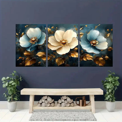 3pcs Minimalist Golden & Blue Flower Design Metal Print Ready to Hang Art