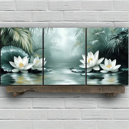 3pcs Lotus & Lotus Leaves In The Water Metal Print Ready to Hang Art - Bella Home Decor