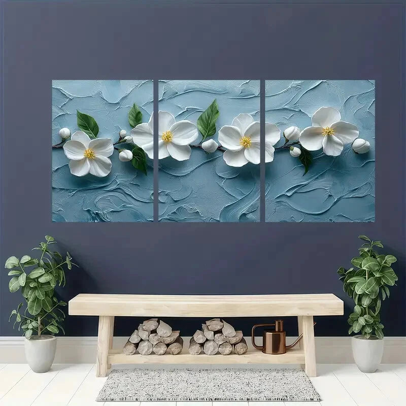 3pcs White West Indian Jasmine Painting Print Metal Print Ready to Hang Art - Bella Home Decor