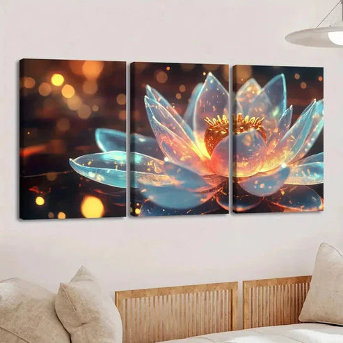 3pcs Vibrant Lotus Flower Light Blue Gold Rounds Wall Art Set Canvas Unframed - High Quality Print 100% Australian Made Wall Canvas