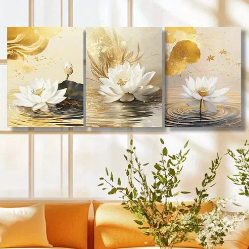 3pcs Decoration Luxurious Lotus Flower Wall Art Canvas Unframed - High Quality Print 100% Australian Made Wall Canvas