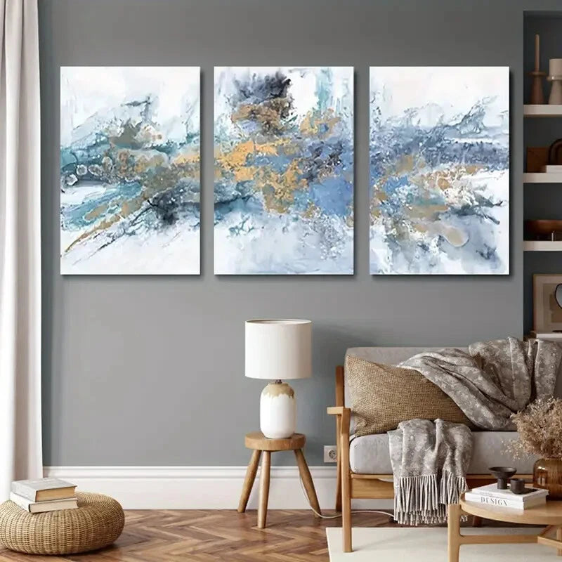 3pcs Abstract Texture Light Blue Themed Metal Print Ready to Hang Art - Bella Home Decor