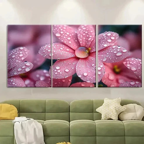 3pcs Morning Dew Droplets on Pink Flower  Wall Art Set Canvas Unframed – High Quality Print 100% Australian Made Wall Canvas - Bella Home Decor
