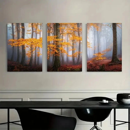 3pcs Art Painting Misty Autumn Forest Metal Print Ready to Hang Art - Bella Home Decor