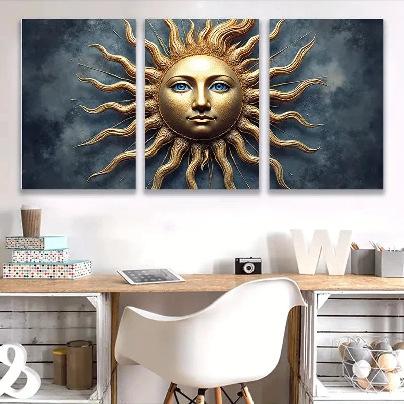 3pcs Golden Sun with Human Face, Blue & Golden  Wall Art Set Canvas Framed 40x60cm - High Quality Print 100% Australian Made Wall Canvas Ready to Hang - Bella Home Decor