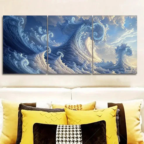3pcs blue and white waves  Wall Art Set Canvas Unframed - High Quality Print 100% Australian Made Wall Canvas - Bella Home Decor