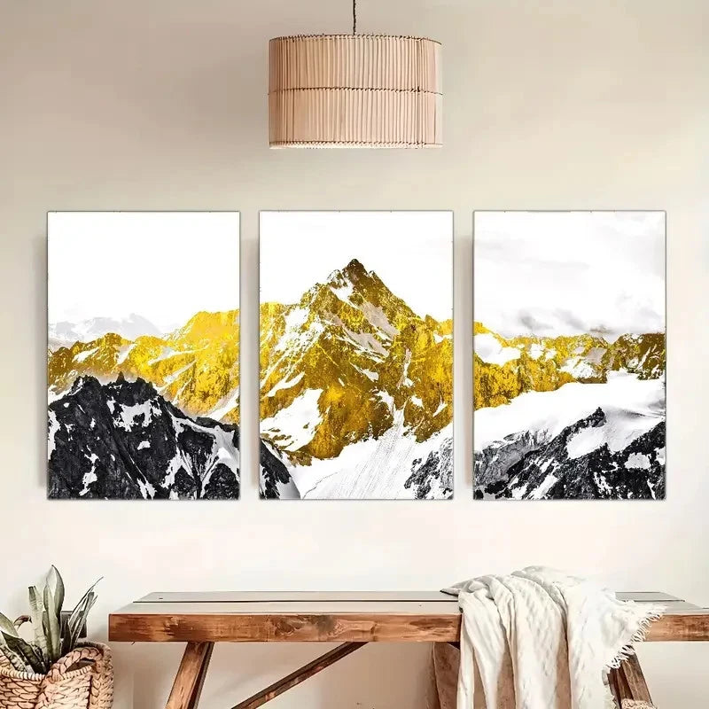 3pcs Golden & Black White Mountain  GM  Wall Art Set Canvas Framed 50x70cm - High Quality Print 100% Australian Made Wall Canvas Ready to Hang - Bella Home Decor