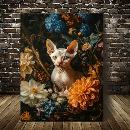 Charming Sphynx Kitten with Vibrant Floral Painting 40x60cm Metal Print Ready to Hang - Bella Home Decor