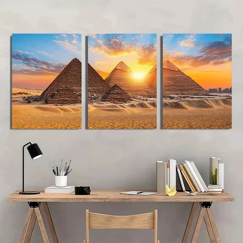 3pcs Pyramids of Giza Sunset Panoramic Wall Art Set Canvas Unframed - High Quality Print 100% Australian Made Wall Canvas