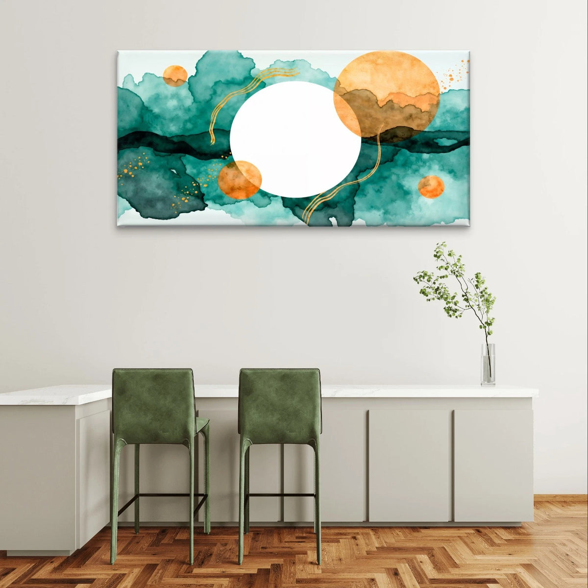 Teal Watercolour and Gold Geometric Wall Art Canvas Office Home Framed 120x60cm