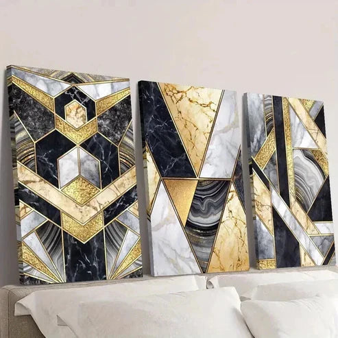 3pcs Marble Texture and Golden Geometric  Wall Art Set Canvas Unframed - High Quality Print 100% Australian Made Wall Canvas