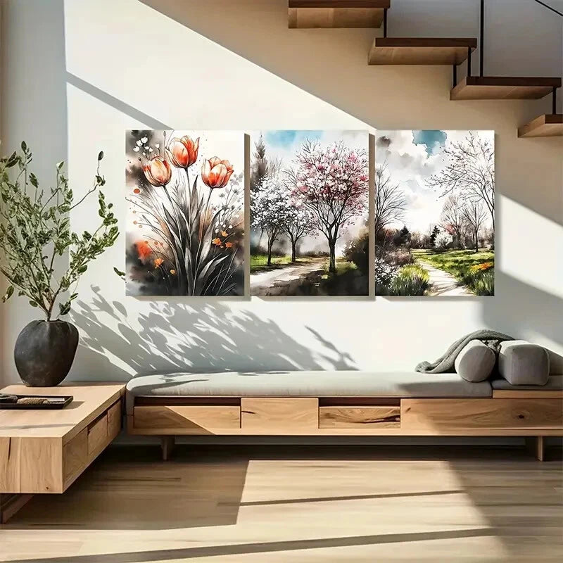 3pcs Cherry Blossom Gentle Tulip Watercolor Floral Metal Print Ready to Hang Art - Bella Home Decor