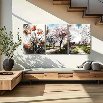 3pcs Cherry Blossom Gentle Tulip Watercolor Floral Metal Print Ready to Hang Art - Bella Home Decor
