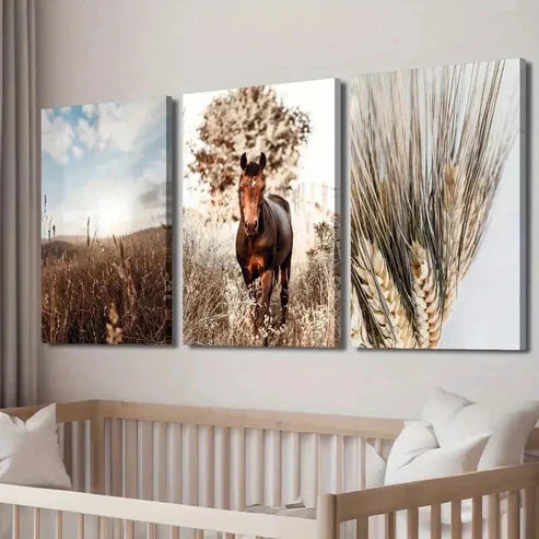 3pcs Brown Horse Western Bohemian Decor Wall Art Canvas Unframed - High Quality Print 100% Australian Made Wall Canvas - Bella Home Decor