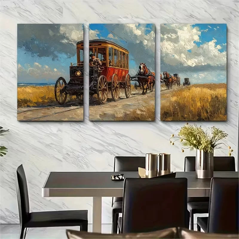 3pcs Vintage Trams Horse Drawn Buggy Metal Print Ready to Hang Art