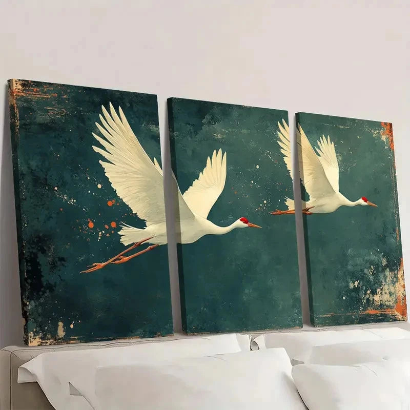 3pcs Vintage Asian Bird Elegant Crane Decor SA   Wall Art Set Canvas Framed 60x90cm - High Quality Print 100% Australian Made Wall Canvas Ready to Hang