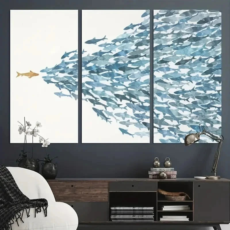 3pcs Minimalist Watercolor Fish Herd Painting Metal Print Ready to Hang Art