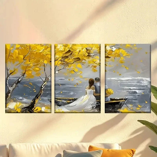 3pcs Romantic Autumn Scene Couple Under Tree Wall Art Set Canvas Framed 50x70cm - High Quality Print 100% Australian Made Wall Canvas Ready to Hang