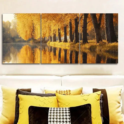 3pcs Golden autumn trees along the river Wall Art Set Canvas Unframed - High Quality Print 100% Australian Made Wall Canvas - Bella Home Decor