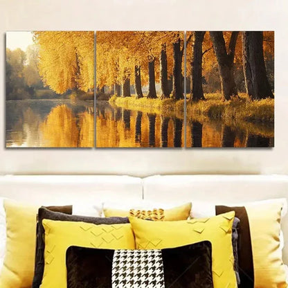 3pcs Golden autumn trees along the river Wall Art Set Canvas Unframed - High Quality Print 100% Australian Made Wall Canvas - Bella Home Decor