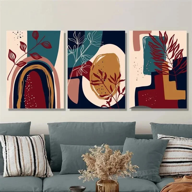 3pcs Botanical Leaves, Vibrant Medieval Merlot Metal Print Ready to Hang Art