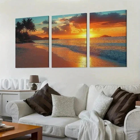 3pcs Palm Tree Beach Sunset Coastal Theme Wall Art Canvas Unframed - High Quality Print 100% Australian Made Wall Canvas