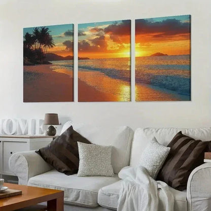 3pcs Palm Tree Beach Sunset Coastal Theme Wall Art Canvas Unframed - High Quality Print 100% Australian Made Wall Canvas