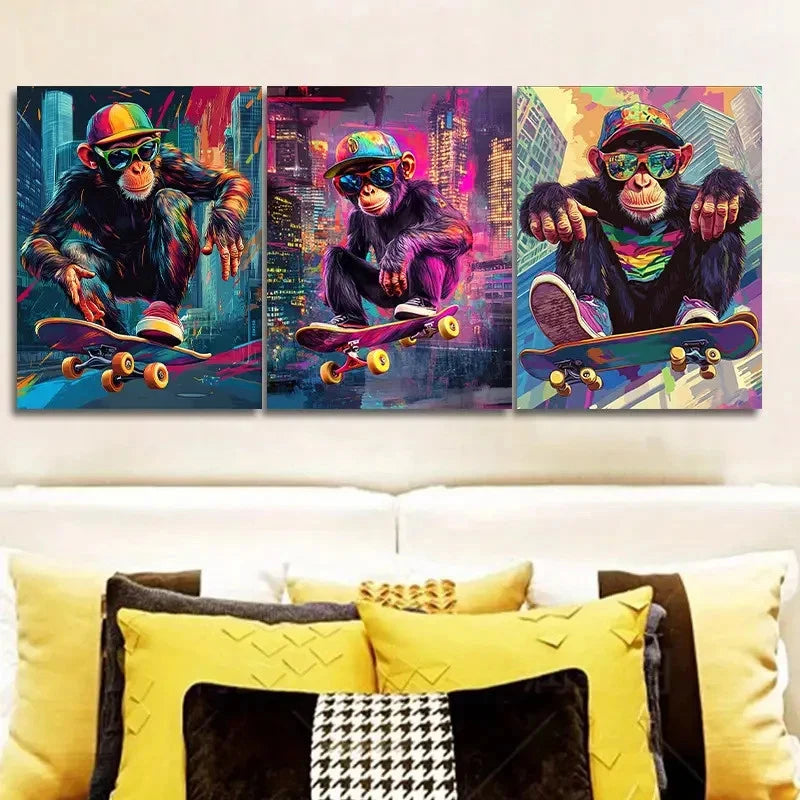 3pcs Monkey Skateboard Design Wall Art Set Canvas Framed 40x60cm - High Quality Print 100% Australian Made Wall Canvas Ready to Hang - Bella Home Decor