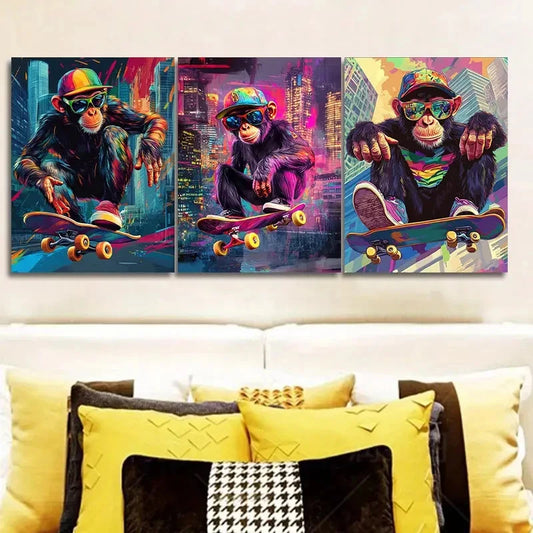 3pcs Monkey Skateboard Design Wall Art Set Canvas Framed 40x60cm - High Quality Print 100% Australian Made Wall Canvas Ready to Hang