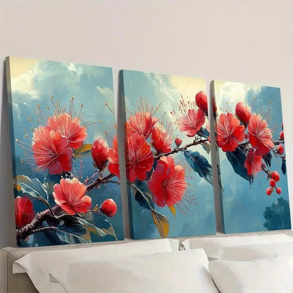 3pcs Tropical Red Flowers  Calliandra  OI Wall Art Set Canvas Framed 50x70cm - High Quality Print 100% Australian Made Wall Canvas Ready to Hang