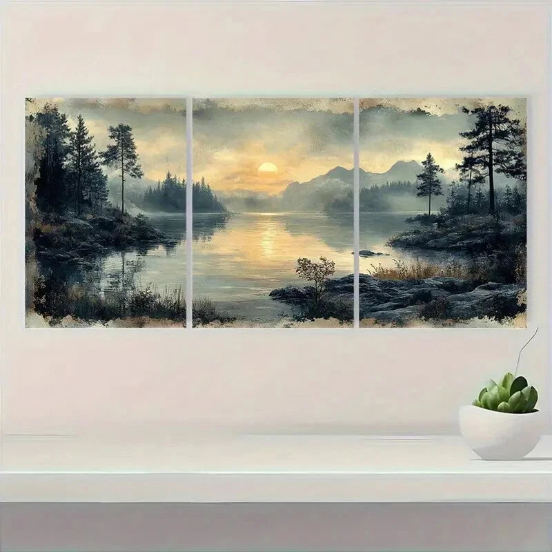 3pcs Serene Sunset by the Lake Landscape Scene Metal Print Ready to Hang Art - Bella Home Decor