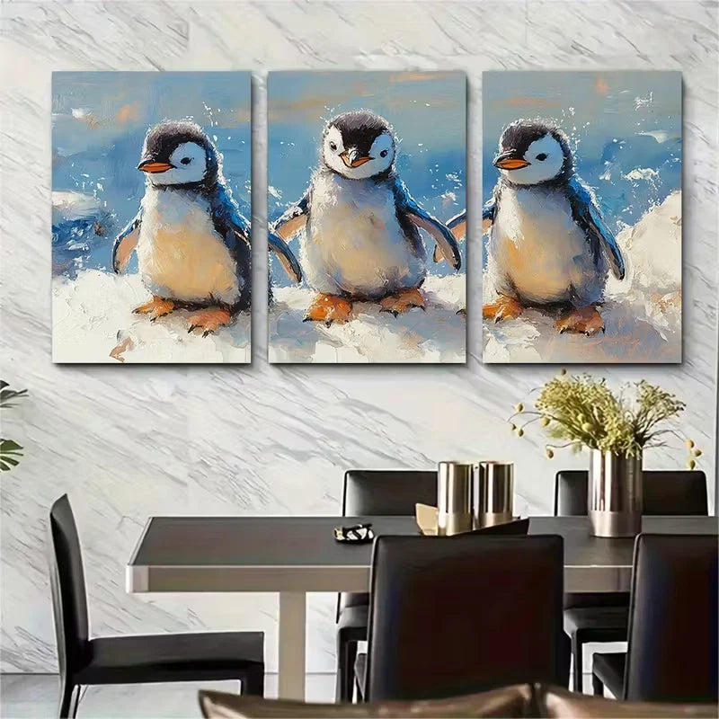 3pcs Penguin Painting Animal Metal Print Ready to Hang Art