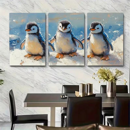 3pcs Penguin Painting Animal Metal Print Ready to Hang Art