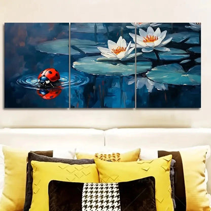3pcs Ladybugs on Water Lilies Painting Metal Print Ready to Hang Art - Bella Home Decor