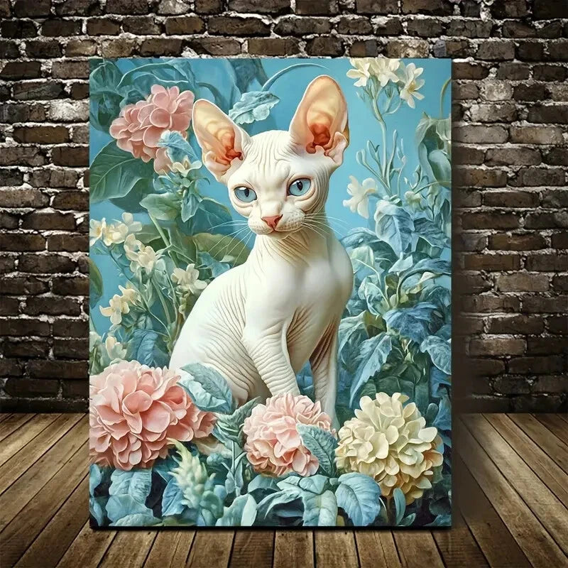 Cute Sphynx Kitten with Flowers & Plants 40x60cm Metal Print Ready to Hang - Bella Home Decor
