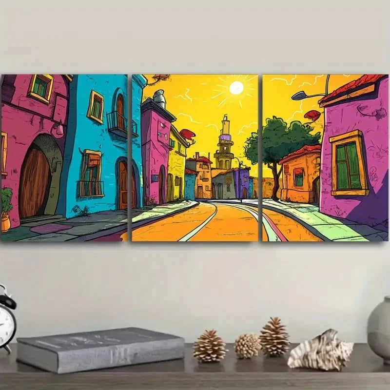 3pcs Cartoon Town Wall Art Set Canvas Framed 60x90cm - High Quality Print 100% Australian Made Wall Canvas Ready to Hang - Bella Home Decor