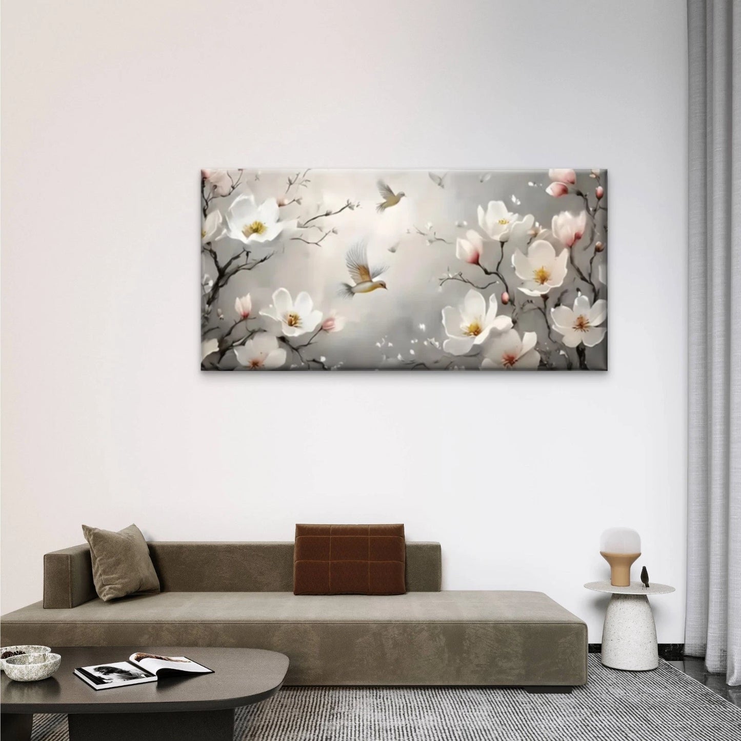Flowers Birds Grey White Wall Art Canvas Office Home Room Framed 120x60cm
