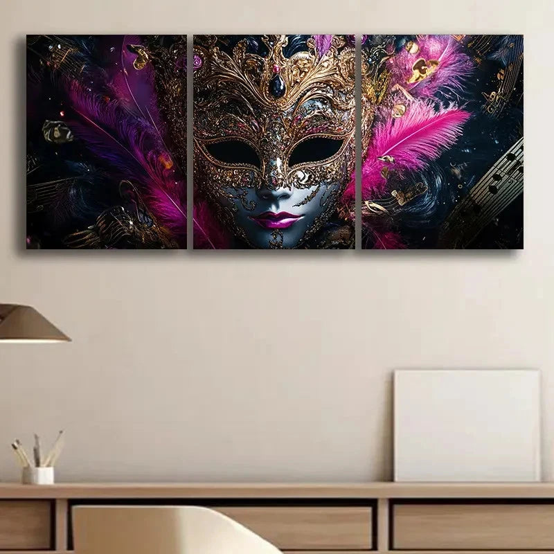 3pcs Gorgeous Venetian Masks Metal Print Ready to Hang Art - Bella Home Decor