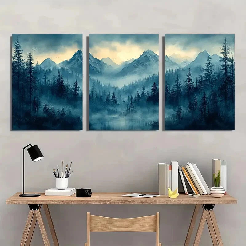 3pcs Wyoming Foggy Mountain Landscape Metal Print Ready to Hang Art