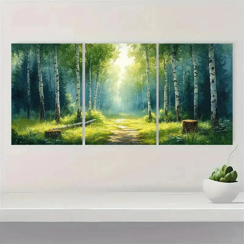 3pcs Spring Forest Landscape Birch Watercolor Metal Print Ready to Hang Art