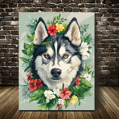 Cute Siberian Husky with Vibrant Floral Painting  40x60cm Metal Print Ready to Hang