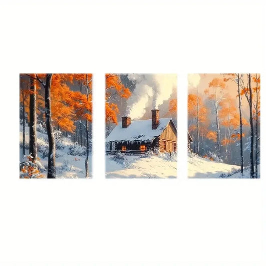 3pcs Autumn Winter Landscape with Orange Trees Metal Print Ready to Hang Art