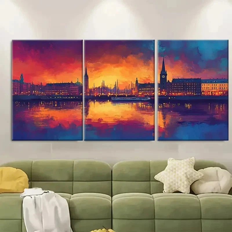 3pcs Hamburg Skyline Décor Reflections Perfect Wall Art Set Canvas Framed 60x90cm - High Quality Print 100% Australian Made Wall Canvas Ready to Hang