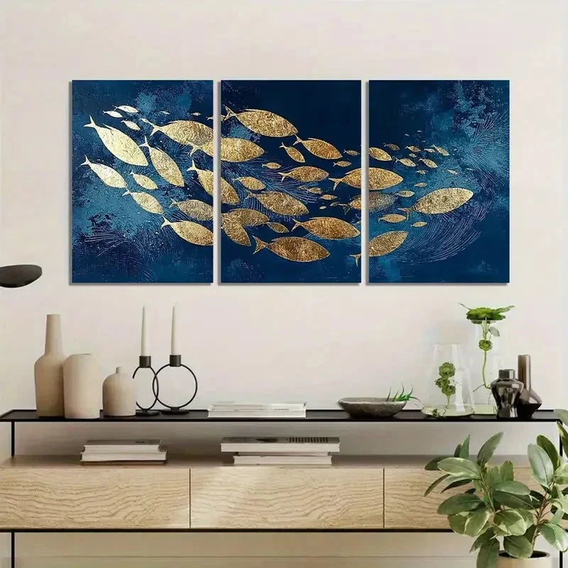 3pcs School of Fish in Navy Blue with Golden Foil Metal Print Ready to Hang Art - Bella Home Decor