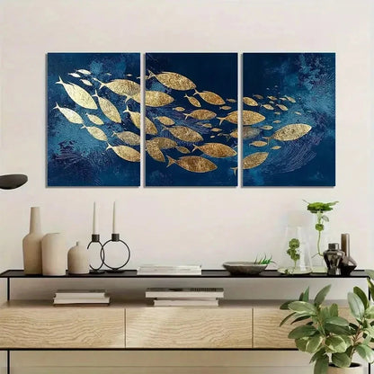 3pcs School of Fish in Navy Blue with Golden Foil Metal Print Ready to Hang Art - Bella Home Decor