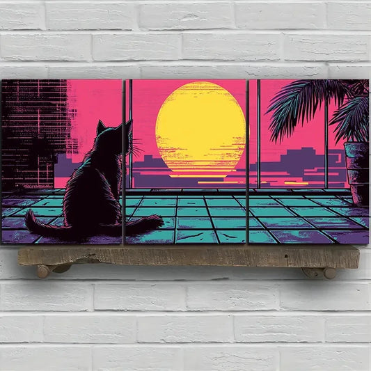 3pcs The Cat Gazing At The Sun Metal Print Ready to Hang Art