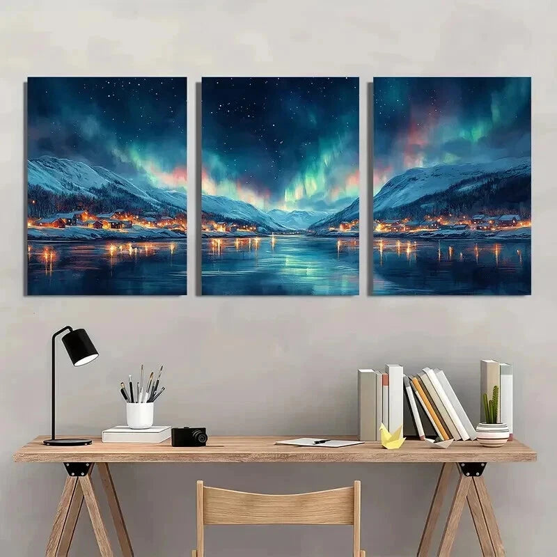 3pcs Tromsø Northern Lights Arctic Coastal Wall Art Set Canvas Framed 50x70cm - High Quality Print 100% Australian Made Wall Canvas Ready to Hang - Bella Home Decor