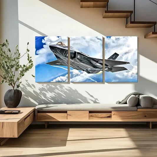 3pcs Fighter Jets & Bombers in Flight Wall Art Set Canvas Framed 50x70cm - High Quality Print 100% Australian Made Wall Canvas Ready to Hang